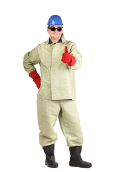 Welder in hard hat with thumbs up. Isolated on a white background.