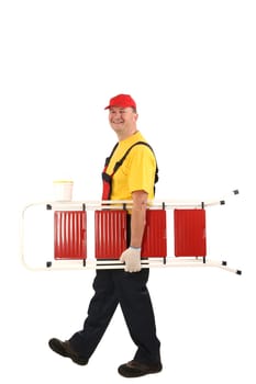 Worker with ladder smiling. Isolated on a white background.