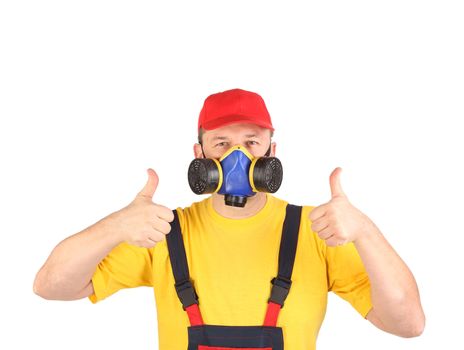 Worker in gas mask thumbs up. Isolated on a white background.