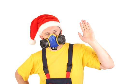 Worker in gas mask show hand. Isolated on a white background.