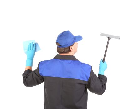 Worker in gloves with window cleaner. Isolated on a white backgropund.
