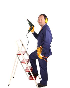 Worker on ladder with drill. Isolated on a white background.