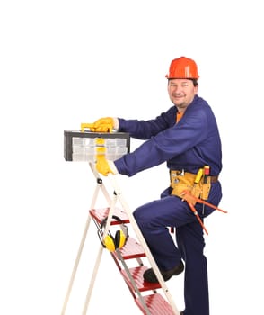 Worker on ladder with toolbox. Isolated on a white background.