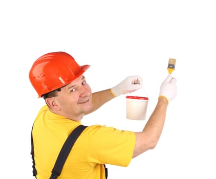 Worker in hardhat with paint brush. Isolated on a white background.