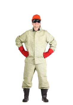Portrait of confident welder in the mask. Isolated on a white background.