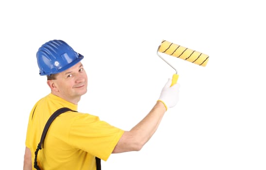 Worker in hardhat paints. Isolated on a white background.
