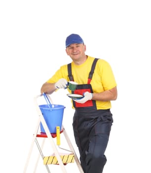 Worker on ladder with cup of tea. Isolated on a white background.
