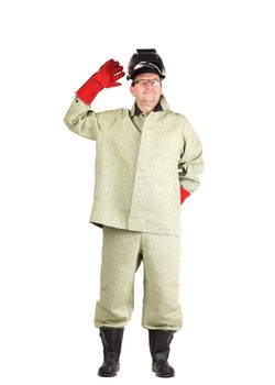 Smiling welder in red gloves. Isolated on a white background.