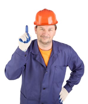 Worker draws attention. Isolated on a white background.