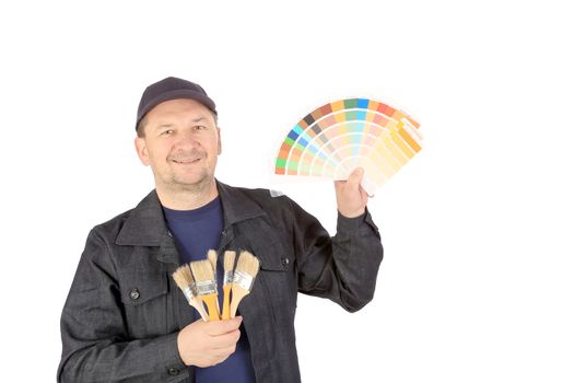 Worker with color samples and brushes. Isolated on a white background.