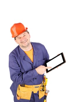 Worker with black board. Isolated on a white background.