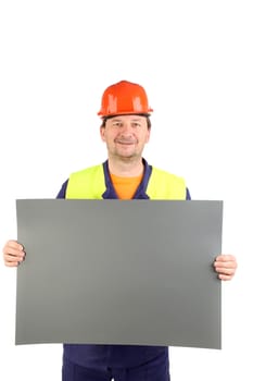 Worker in hard hat with paper. Isolated on a white background.