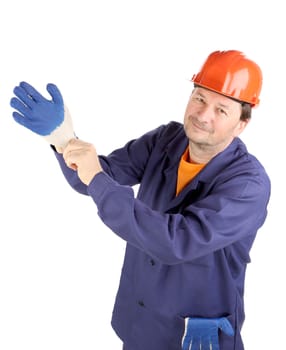 Worker puting on rubber glove. Isolated on a white background.