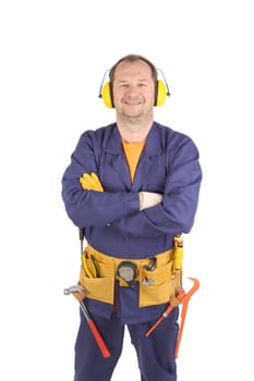 Confident worker in ear muffs and glasses. Isolated on a white background.