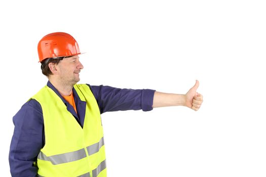 Worker in hard hat with hand up. Isolated on a white background.