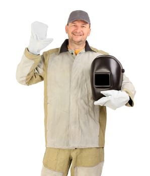 Welder in cap with mask in hands. Isolated on a white background.