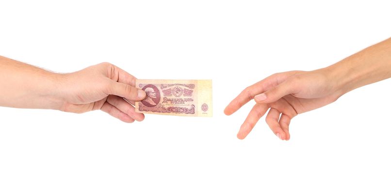 Fifty rubles in hands. Isolated on a white background.