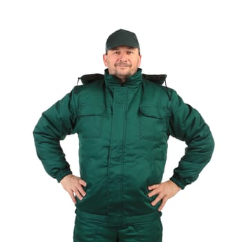 Worker with arms on waist. Isolated on a white background.