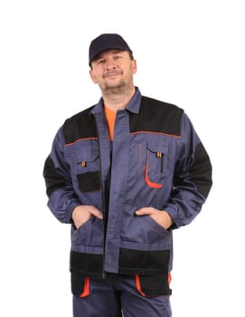 Worker wearing work jacket. Isolated on a white background.