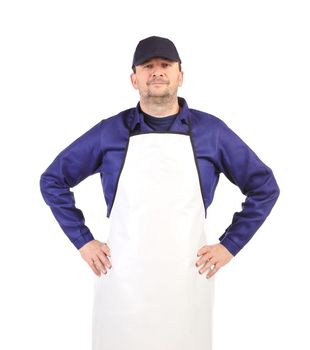 Worker wearing white apron. Isolated on a white background.