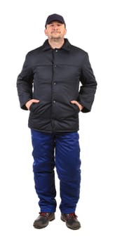 Worker in winter workwear. Isolated on a white background.