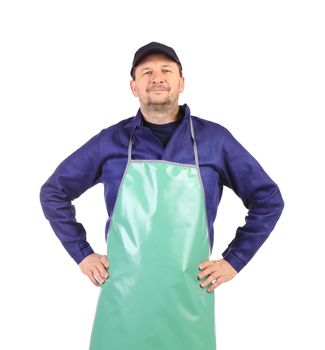 Worker wearing blue apron. Isolated on a white background.