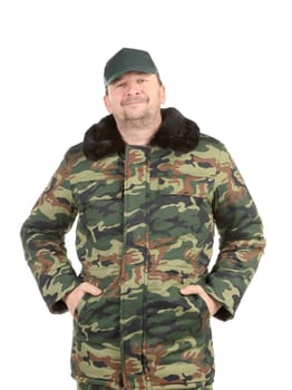 Man in military vest. Isolated on a white background.