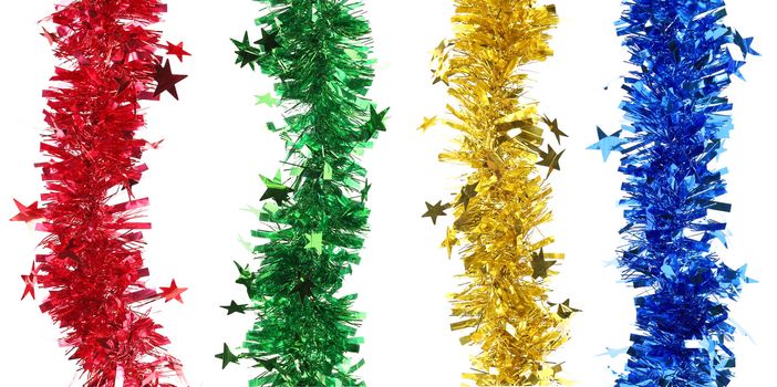 Christmas tinsel with stars collage. Whole background.