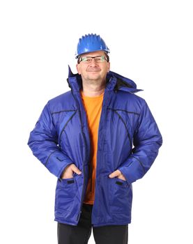 Man in winter workwear and hard hat. Portrait isolated on a white background