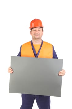 Worker in hard hat with paper. Isolated on a white background.