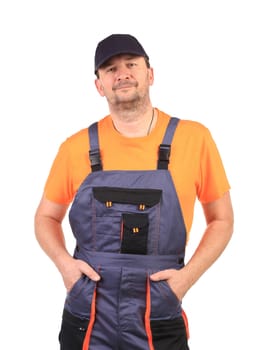 Worker wearing overalls. Isolated on a white background.