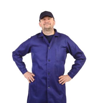 Worker holding arms on waist. Isolated on a white background.