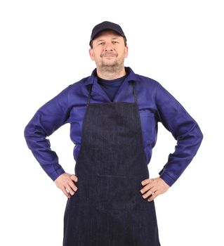 Worker wearing black apron. Isolated on a white background.