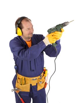 Worker in headphones with drill. Isolated on a white background.