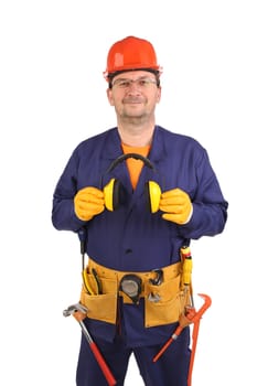 Confident worker in ear muffs and glasses. Isolated on a white background.