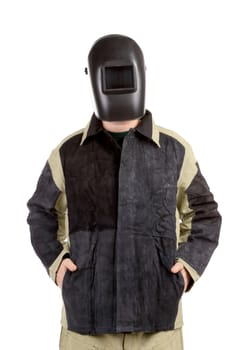 Confident welder in the mask. Isolated on a white background.