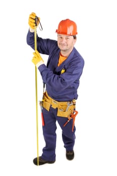 Worker in hard hat measure with ruler. Isolated on a white background.