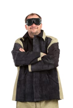 Confident welder in glasses. Isolated on a white background.