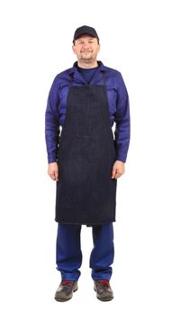 Worker wearing black apron. Isolated on a white background.