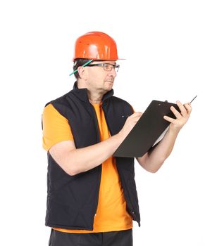 Worker writing in folder. Isolated on a white background.
