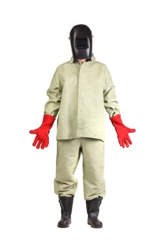 Portrait of confident welder in the mask. Isolated on a white background.