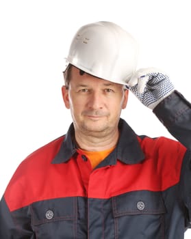 Confident worker portrait with hard hat. Isolated on a white background.
