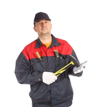 Worker holding hammer in hand. Isolated on a white background.