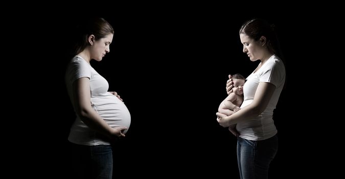 Collage of beautiful girl before and after the pregnancy with her newborn on black background