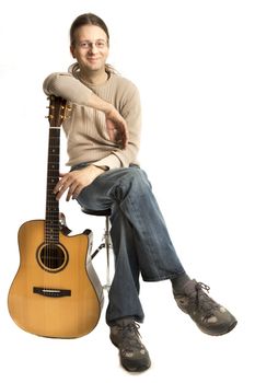 Guitarist leaning on his acoustic guitar ( Series with the same model available)