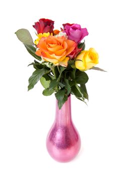 Bouquet of colorful roses in vase over white background