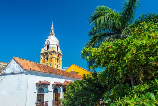 View of the cathedral of Cartagena, Colombia next to lush green trees