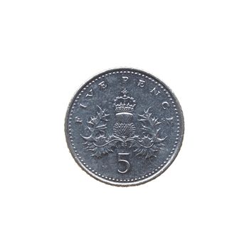 Five Pence coin isolated over a white background