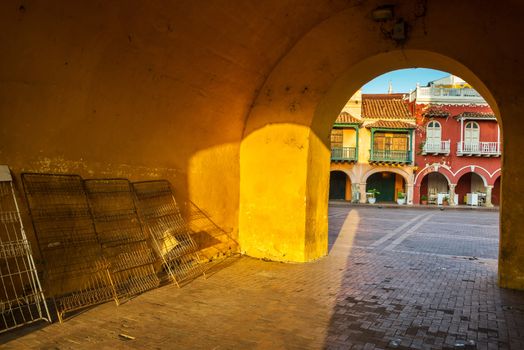 Entrance to old town of Cartagena, Colombia with a view of historic colonial architecture