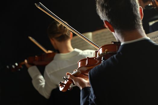 Violinists playing at the concert, rear view